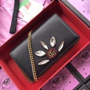 Fake Gucci Leather mini chain bag with Double G and crystals 499782 black HV08138Sq37