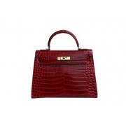 Imitation Hermes Kelly 32cm Shoulder Bag Red Croco Patent Leather K32 Gold HV07836Dl40