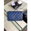 Chanel classic wallet on chain Grained Calfskin & Silver-Tone Metal 33814 Pearlescent blue HV02755Cw85