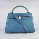 Fashion Hermes Kelly 32cm Togo Leather Bag Blue 6108 Silver HV11959Of26
