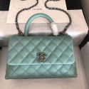 Imitation Chanel original Caviar leather flap bag top handle A92290 green &Silver-Tone Metal HV01652Xr29
