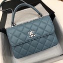 New Chanel CC original lambskin top handle flap bag 92236 blue&silver-Tone Metal HV00621Uf80