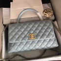 Replica Chanel original Caviar leather flap bag top handle A92292 light blue&Gold-Tone Metal HV01672Ix66