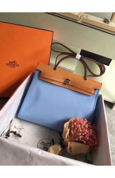 AAA Hermes original canvas&calfskin leather herbag H45987 Light blue with apricot HV00688zK34
