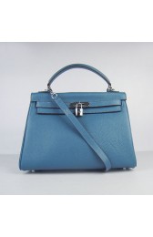 Fashion Hermes Kelly 32cm Togo Leather Bag Blue 6108 Silver HV11959Of26