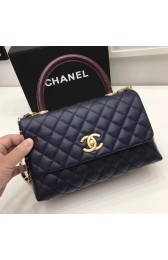 Imitation Chanel Classic Top Handle Bag A92991 Dark blue gold chain Red handle HV01622AI36