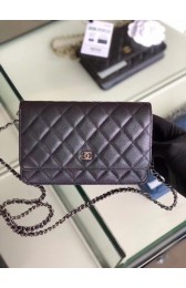 Imitation Chanel classic wallet on chain Grained Calfskin & Silver-Tone Metal 33814 Pearlescent black HV08352Ug88