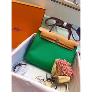 AAAAA Hermes original canvas&calfskin leather herbag H45987 green with apricot HV00936Qa67