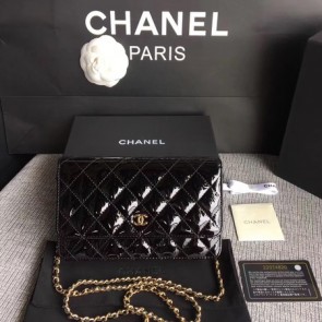 Chanel WOC Mini Shoulder Bag Original Patent leather 33814 black gold chain HV06779Ag46