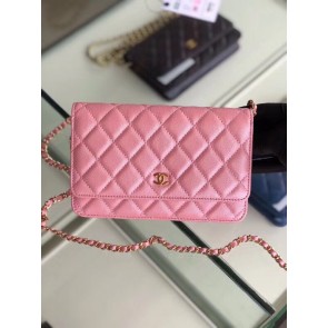 Fake Chanel classic wallet on chain Grained Calfskin & gold-Tone Metal 33814 Pearlescent Pink HV07184kw88