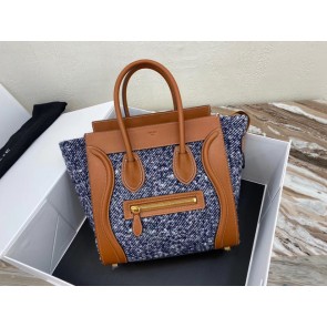 Knockoff CELINE MICRO LUGGAGE HANDBAG IN TEXTILE AND CALFSKIN 167793 TAN&BLUE HV01122JF45