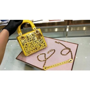 MINI LADY DIOR BAG WITH CHAIN SMOOTH CALFSKIN EMBROIDERED WITH A MOSAIC OF MIRRORS M0598 yellow HV08249vj67