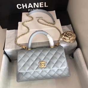 Replica Chanel original Caviar leather flap bag top handle A92290 light blue&Gold-Tone Metal HV11358ls37