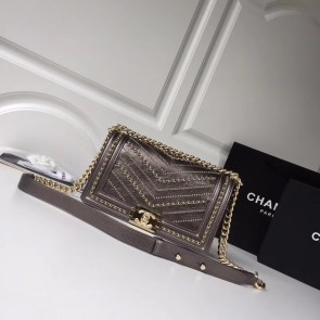 Replica Top BOY CHANEL Handbag Crumpled Calfskin & Gold-Tone Metal A67086 brown HV10516Cq58