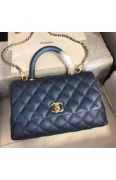 Chanel original Caviar leather flap bag top handle A92290 blue &gold-Tone Metal HV08086Il41